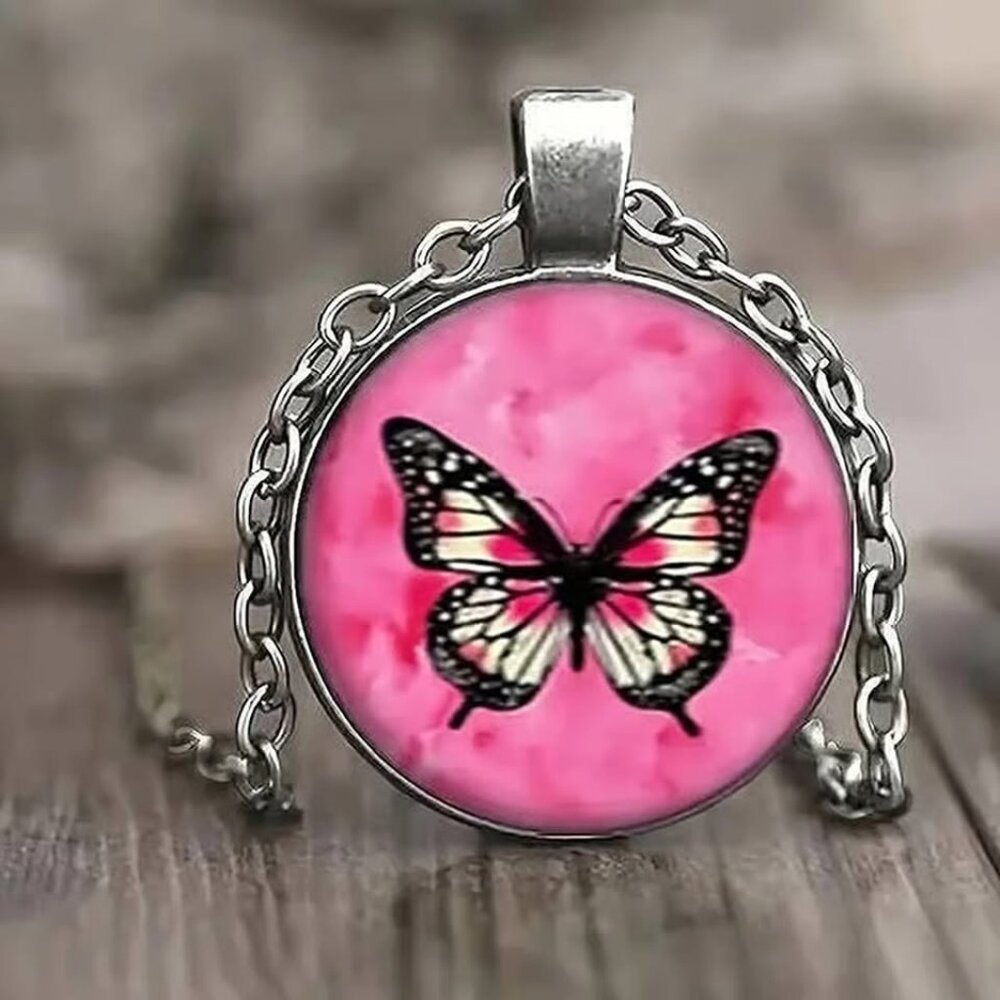 Silver Pink BUTTERFLY Glass Cabochon Pendant Necklace